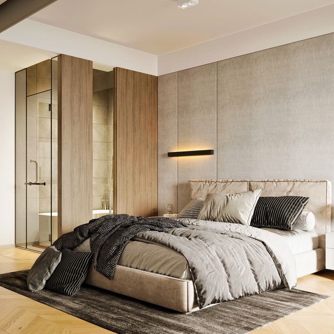 Schlafzimmer mit Bad verglast und Holz